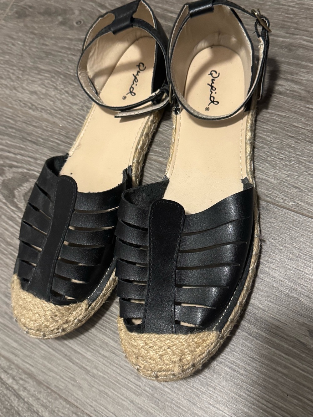 Qupid Black Cutout Espadrille Ankle-Strap Flats
